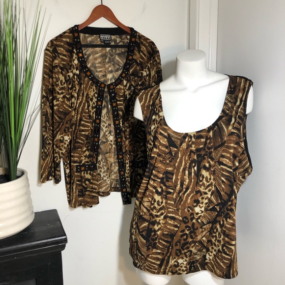 berek Tops - BEREK Embellished Leopard Cheetah Animal Print Slinky Mesh Cardigan jacket & Top